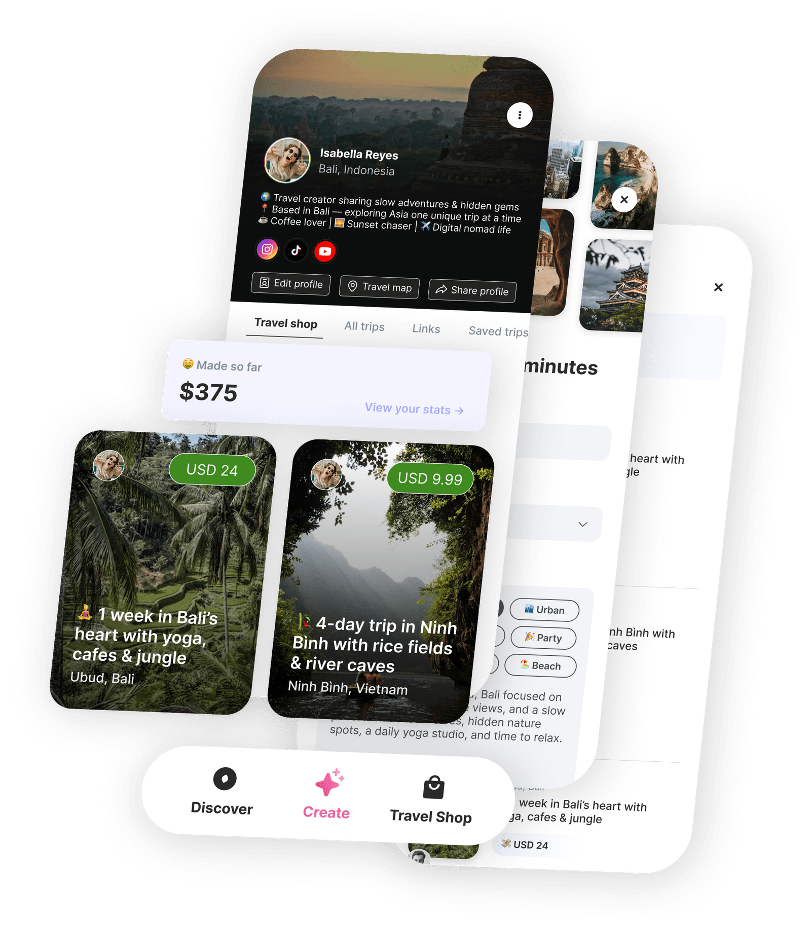 The Tripmix app showing a creator's travel shop