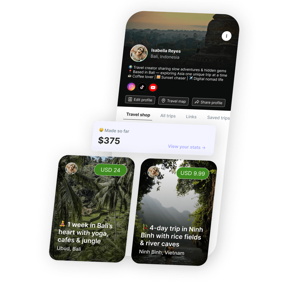 A creator's digital travel shop in the Tripmix app