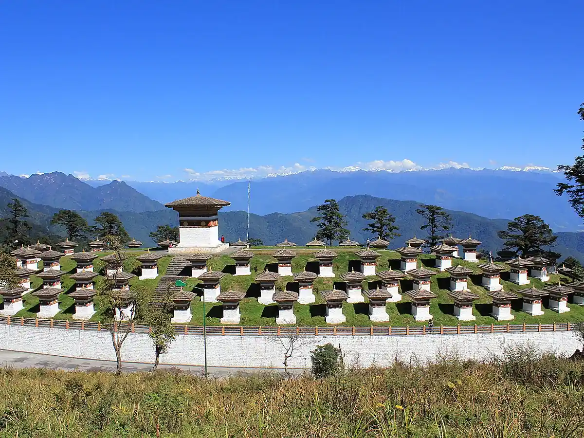 The 108 Druk Wangyal chortens at Dochula Pass with the Himalaya behind